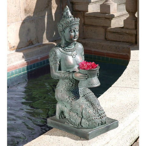 Thai Princess Kneeling Garden Statue With Offering Bowl Indoor Outdoor Polyresin Sculpture 28 Inch Tall Handcast Green Bronze Finish Zen Vibes For Meditation And Relaxation next to water feature