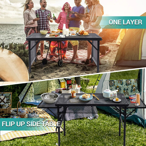 Folding Grill Table For Camping And Tailgating, Adjustable Height And Width, Metal Frame With Mesh Net, Flip Up Side Tables in use