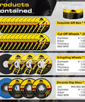 PRETEC grinder disc set front view: 20 cut-off wheels, 3 flap discs, 3 grinding wheels with gift box