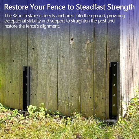 One Piece Fence Post Repair Kit Two Pack Heavy Duty Post Anchors 32 Inch Metal Ground Stakes used on wooden fence