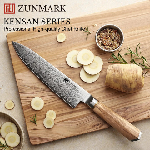 Eight Inch Damascus Steel Chef Knife With A Smooth Olive Wood Handle And Razor Sharp 10Cr15CoMoV Core slicing through vegetables on a wooden board.