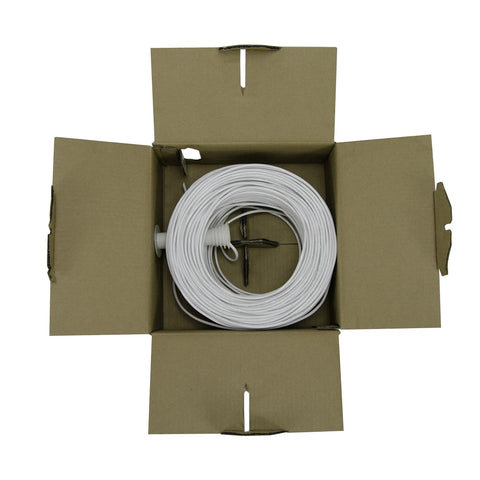 Security Alarm Cable 22/4 22AWG Unshielded Low-Voltage Wire 500ft White in open box, top view