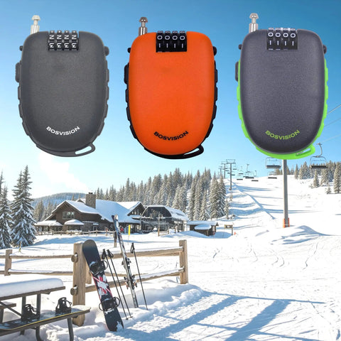 Ultra Secure 4-Digit Combination Lock With 3 Feet Retractable Cable displayed in black, orange, and gray against snowy ski resort backdrop.