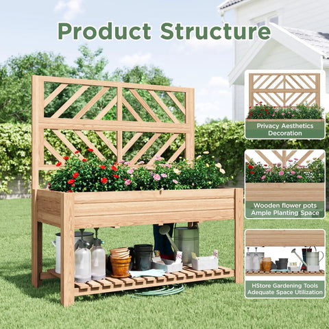 Wooden Elevated Garden Bed With Trellis On Sturdy Legs Free Standing Planter Box With Storage Shelf 47 By 24 By 55 Inches