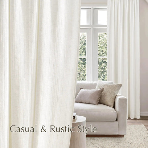 Natural Linen Curtains With Jacquard Waffle Weave for Living Room; cozy privacy drapes behind a couch in bright rustic room.