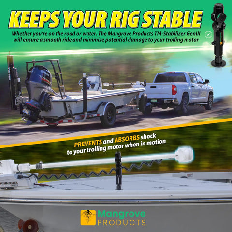 Image showing Gen3 Adjustable Trolling Motor Stabilizer with vertical adjustment and no-drilling install on a boat.
