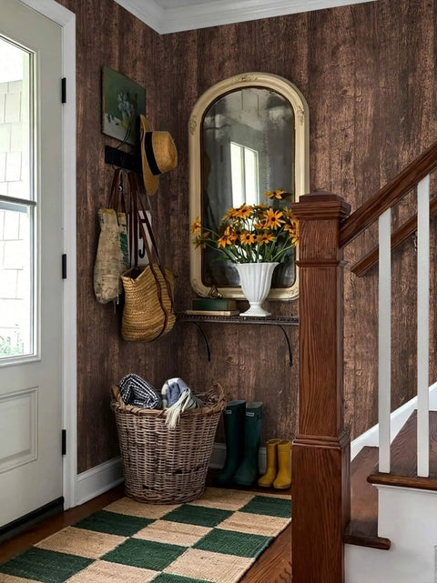 Entryway with Dark Walnut Wood Peel And Stick Wallpaper Roll For Walls And Surfaces Rustic Vinyl Plank With Real Wood Texture