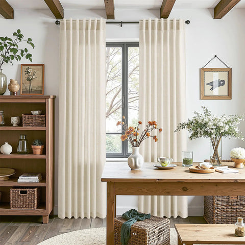 Birch Beige Linen Curtains 84 Inches Long Light Filtering Semi Sheer Back Tab Drapes in cozy modern farmhouse dining room.
