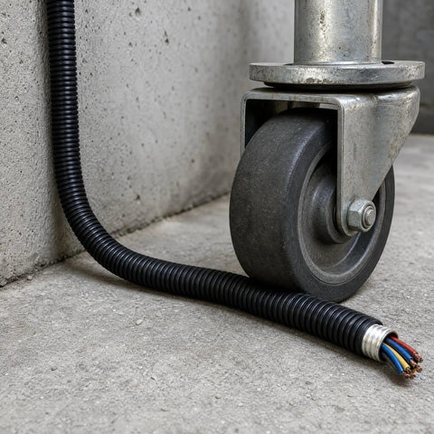 Built Tough Workhorse Corrugated Flexible Conduit Pipe With Compression Fitting Connector For Electrical Cable Routing And Wiring Harness Protection Rated At 20 Bar Pressure In A Sturdy 19 Millimeter Coil near a metal wheel.
