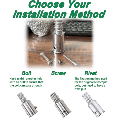 Heavy Duty Metal Replacement Tips Kit For Telescopic Extension Poles With Three Quarters Inch Threaded Tips, Easy Install No Fuss Repairs, Fits Most Poles With Three Quarters Inch Diameter, Compatible With Extend-A-Reach DocaPole Poles, silver aluminum tip with bolt screw and rivet options