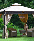 Hangin Infrared Outdoor Heater With LED Light And Remote 400W And 1500W Heat Settings in a gazebo with chairs