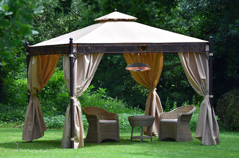 Hangin Infrared Outdoor Heater With LED Light And Remote 400W And 1500W Heat Settings in a gazebo with chairs