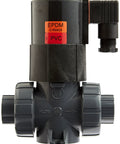 Top Tier 3/4 Inch PVC Solenoid Valve Featuring True Union NPD Design With EPDM Seals Socket Terminals view showing flow direction and labels.
