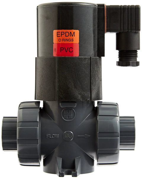 Top Tier 3/4 Inch PVC Solenoid Valve Featuring True Union NPD Design With EPDM Seals Socket Terminals view showing flow direction and labels.