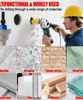 Diamond core drill bit with M10 adapter; worker drills ceramic tile and stone surfaces, marble and granite.