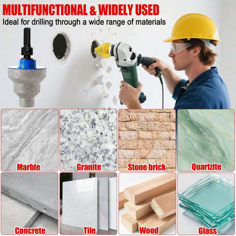 Diamond core drill bit with M10 adapter; worker drills ceramic tile and stone surfaces, marble and granite.