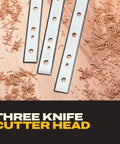 Three knife cutter head for Smoother Than Silk 13 Inch Benchtop Thickness Planer with wood shavings on a surface.