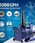Blue submersible water pump, 10300 GPH, with 33 ft cord and adapter set for ponds and fountains.