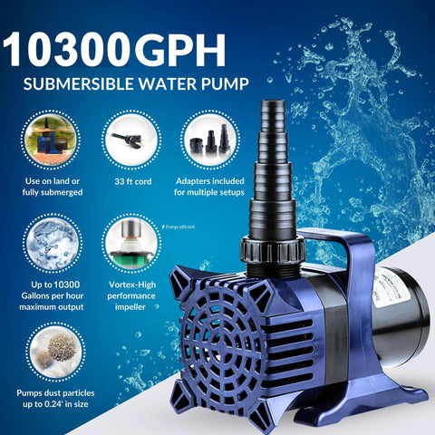 Blue submersible water pump, 10300 GPH, with 33 ft cord and adapter set for ponds and fountains.