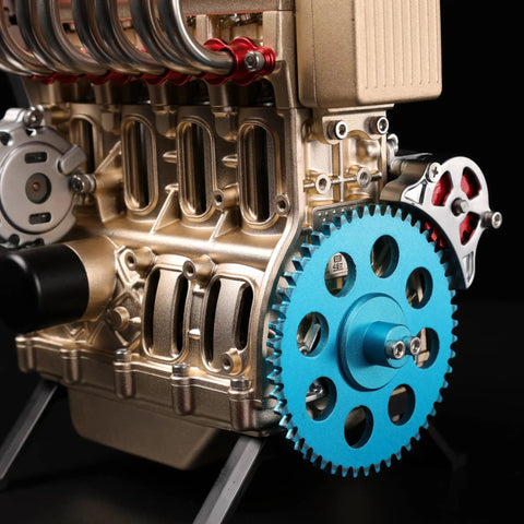 Premium Metal Inline Four Cylinder Engine Model Kit showcasing detailed anodized aluminum engine components against a dark background.