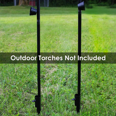 Ground Spike Garden Stakes For Outdoor Lights Set Of 2 Steel Torch Stakes installed in grass, fits poles up to 1.25 inches