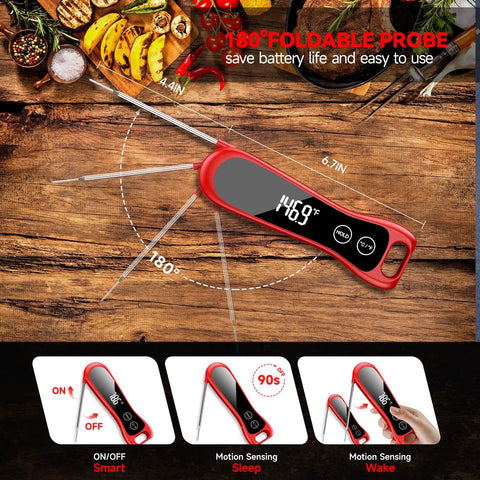 Digital Meat Thermometer With IP67 Waterproof Body And 180 Degree Foldaway Probe shown on wooden background