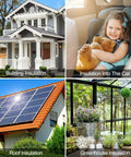 Collage showing building, car, roof, and greenhouse insulation uses for Double Bubble Reflective Insulation Roll 23.6 Inch By 10 Ft Aluminum Foil Wrap Thermal Shield Radiant Barrier For Winter Cold And Summer Heat RV Window And Garage Door Insulation Silver.