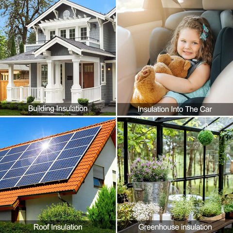 Collage showing building, car, roof, and greenhouse insulation uses for Double Bubble Reflective Insulation Roll 23.6 Inch By 10 Ft Aluminum Foil Wrap Thermal Shield Radiant Barrier For Winter Cold And Summer Heat RV Window And Garage Door Insulation Silver.