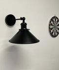 2-Pack Battery-Operated Remote Control Wall Lights, 55 Lumens Each, Cordless Vintage Black Shell Fixtures next to a dartboard.