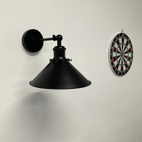 2-Pack Battery-Operated Remote Control Wall Lights, 55 Lumens Each, Cordless Vintage Black Shell Fixtures next to a dartboard.