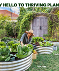 Woman gardening in backyard with Open Base Galvanized Raised Garden Bed For Backyard Gardening 4 By 2 By 1 Ft Planter For Vegetables And Flowers