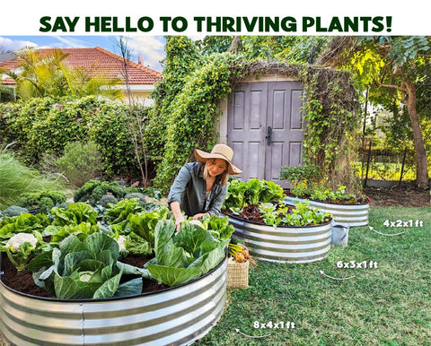 Woman gardening in backyard with Open Base Galvanized Raised Garden Bed For Backyard Gardening 4 By 2 By 1 Ft Planter For Vegetables And Flowers