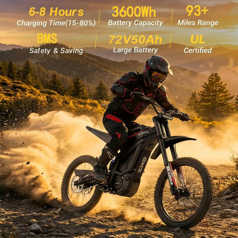 Adult Off Road Electric Dirt Bike Featuring A Badass 16800W Peak Motor And Massive 72V 50Ah Battery For Serious Torque Beast Mode Riding Along With Dual Shock Suspension And Grippy Wide Tires in action on rugged terrain.