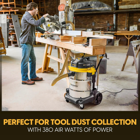 14 Gallon Wet And Dry Shop Vacuum With 65 Peak Horsepower Motor And Stainless Steel Tank Featuring Eighteen Accessories Plus Onboard Storage For Beast Mode Mess Clean Up Projects in a woodshop setup.
