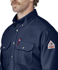 Men's CAT2 Flame Resistant Cool Touch Dress Shirt Navy X Large With NFPA Compliant Arc Rating showing dual chest pockets and collar.