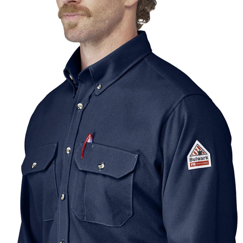 Men's CAT2 Flame Resistant Cool Touch Dress Shirt Navy X Large With NFPA Compliant Arc Rating showing dual chest pockets and collar.