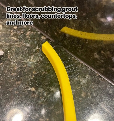 8.5 Inch Tile And Grout Scrub Brush With Durable Plastic Bristles Black Ergonomic Handle For Industrial And Professional Use Scrubs Grout Tile And Tight Crevices In Small Areas, shown on countertop