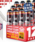 Supercharged Expanding Foam Insulation And Premium Gap Sealant Spray 30 Oz Cans 12 Pack displayed with nozzles in a pack.