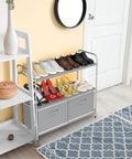 3 Tier Closet Organizer With 2 Drawers, Grey Fabric Shelves, And Metal Frame, A No Fuss Storage Setup For Toys, Clothes, And Books, Includes Collapsible Bins For Extra Space, in a hallway for shoe storage