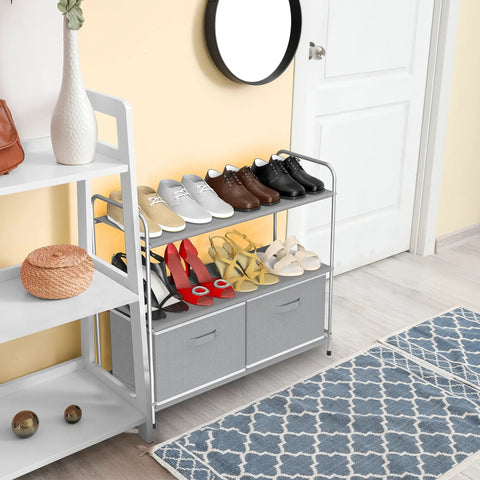3 Tier Closet Organizer With 2 Drawers, Grey Fabric Shelves, And Metal Frame, A No Fuss Storage Setup For Toys, Clothes, And Books, Includes Collapsible Bins For Extra Space, in a hallway for shoe storage