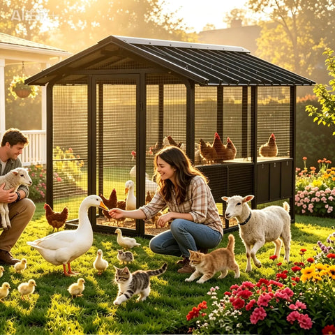 Family with animals near Beefy Large Walk-In Metal Chicken Coop And Outdoor Pet Enclosure Built To Last Heavy-Duty Galvanized Steel Cage 107x72x71 Inches