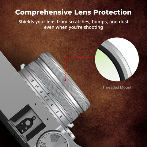 Close-up of UV Filter for Fujifilm X100V and X100VI Cameras on lens, highlighting threaded mount, protects against scratches.