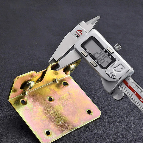 Heavy Duty Galvanized Bed Rail Brackets Universal Replacement Fittings Zinc Finished Steel Hardware For All Bed Frame Sizes Includes Mounting Screws No Sweat Quick Install Built Solid Long Term being measured with digital calipers.