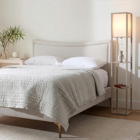 Cozy Rustic Wood Shelf Floor Lamp With Shade And Built-In 9W LED Bulb beside bed in modern bedroom