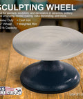 Front view of US Art Supply sculpting wheel, 7-inch silver disc on a dark blue metal base