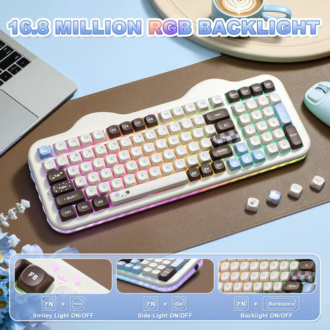 Wireless 98 Key Mechanical Keyboard Offering A Super Cute Cake Inspired Design With Dedicated Numpad Choco Candy Switches Compact Form Factor showcasing vibrant RGB backlight.