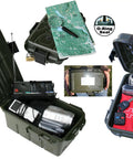 Outdoor Dry Box With O Ring Seal Forest Green Large showing contents like radio, camera, and map, ideal for geocaching and backpacking.