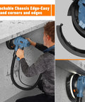 Man using Heavy-Duty Electric Drywall Sander 800W Foldable Wall Sander With Dual LED Lights on ceiling edge.