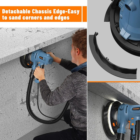 Man using Heavy-Duty Electric Drywall Sander 800W Foldable Wall Sander With Dual LED Lights on ceiling edge.