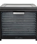 Keep It Fresh With This Top Shelf Electric Food Dehydrator Boasting Ten Rustproof Stainless Steel Trays front view with clear glass door.